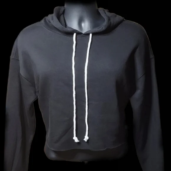NWT CROPPED PLAI BLACK HOODIE - Picture 2 of 2